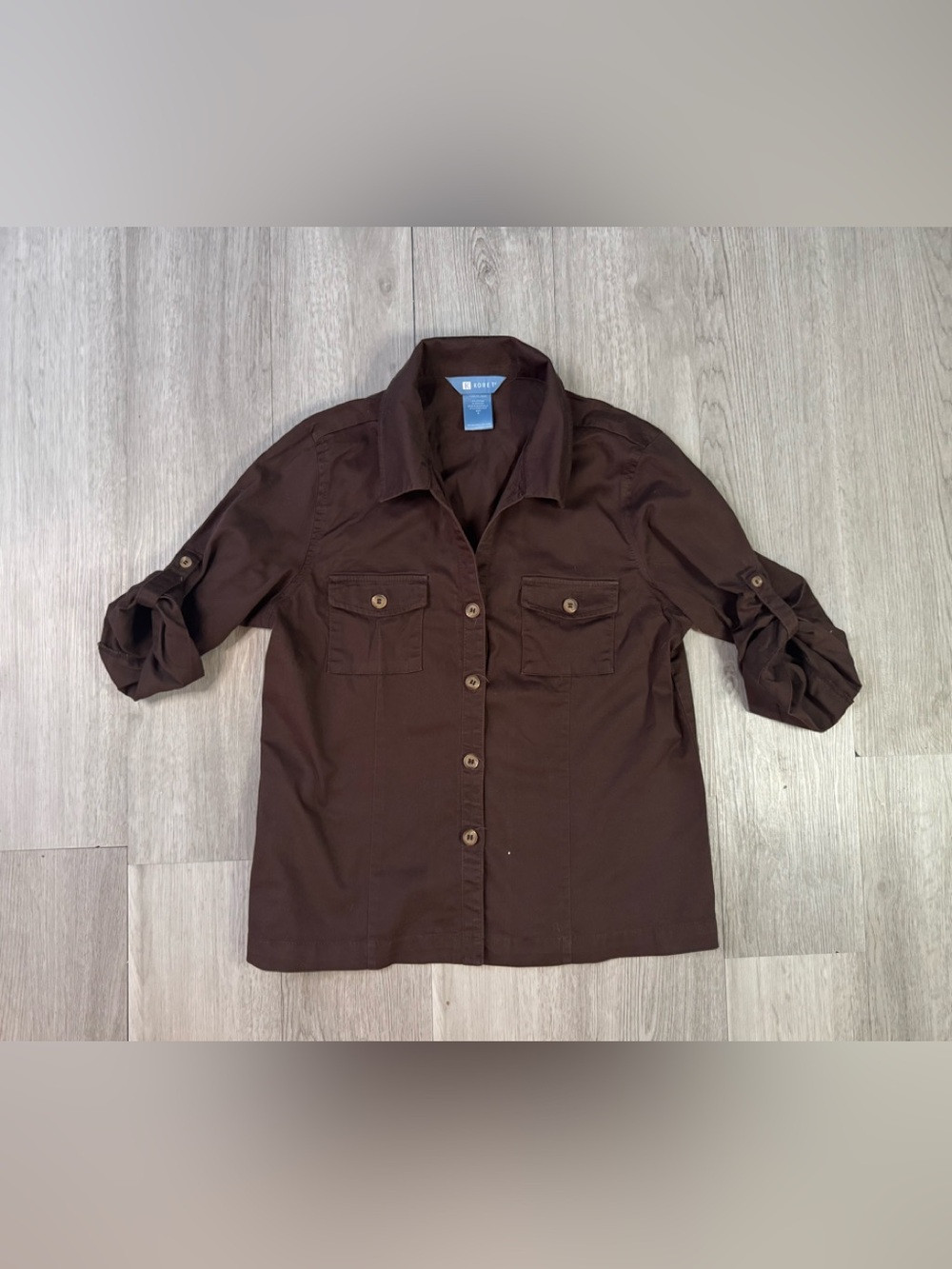 Koret Women’s Brown Collared Button-Up Roll Tab 3/4 Sleeve Woven Top M